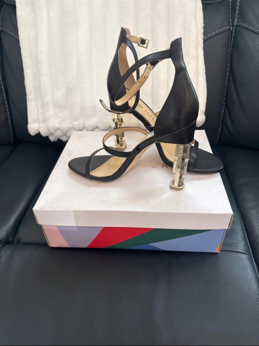 Katy Perry Collections Black Strappy Sandals with Gold Sculptural Heel